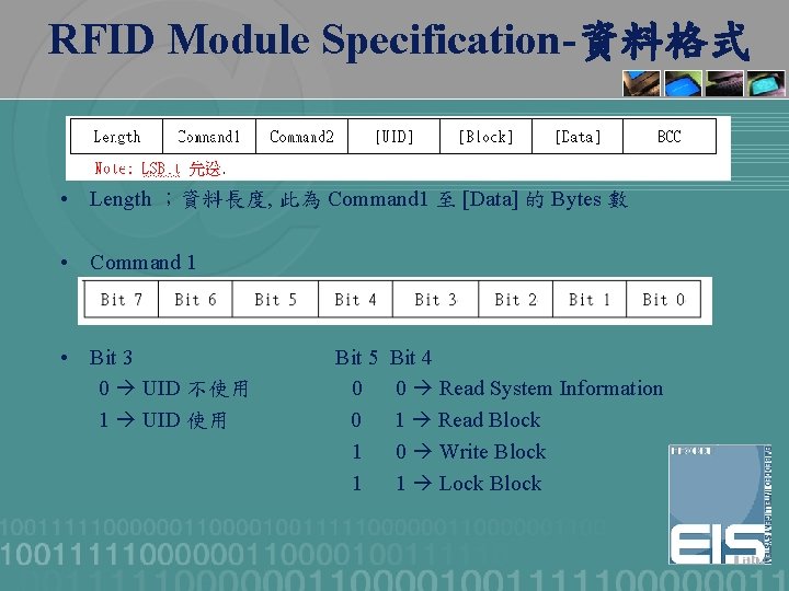 RFID Module Specification-資料格式 • Length ；資料長度, 此為 Command 1 至 [Data] 的 Bytes 數