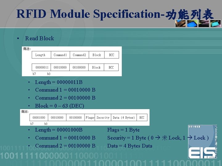 RFID Module Specification-功能列表 • Read Block • • Length = 00000011 B Command 1