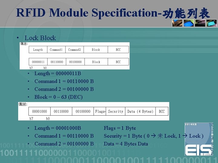 RFID Module Specification-功能列表 • Lock Block • • Length = 00000011 B Command 1