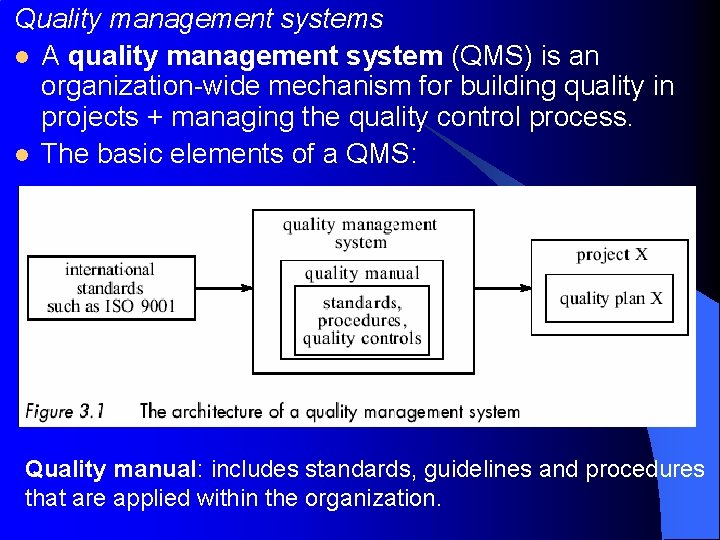 Quality management systems l A quality management system (QMS) is an organization-wide mechanism for