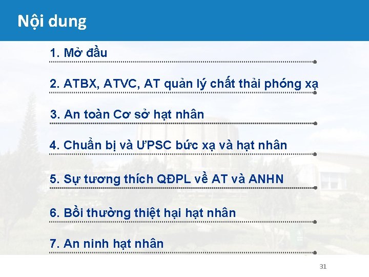 Nội dung 1. Mở đầu 2. ATBX, ATVC, AT quản lý chất thải phóng