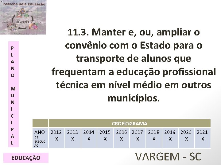 11. 3. Manter e, ou, ampliar o convênio com o Estado para o transporte