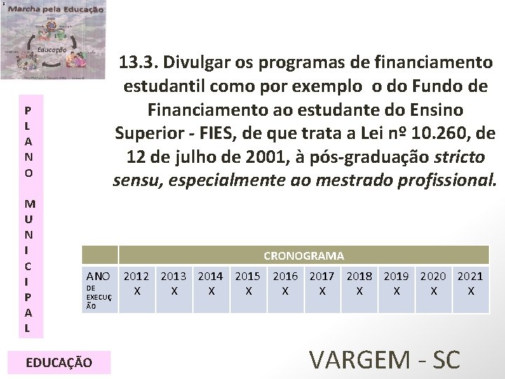 13. 3. Divulgar os programas de financiamento estudantil como por exemplo o do Fundo