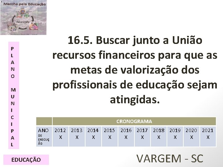 16. 5. Buscar junto a União recursos financeiros para que as metas de valorização