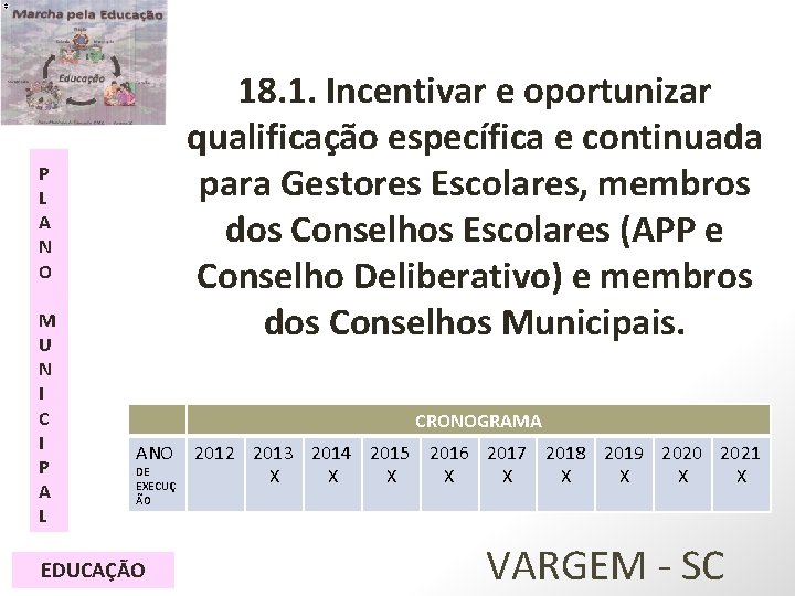 18. 1. Incentivar e oportunizar qualificação específica e continuada para Gestores Escolares, membros dos