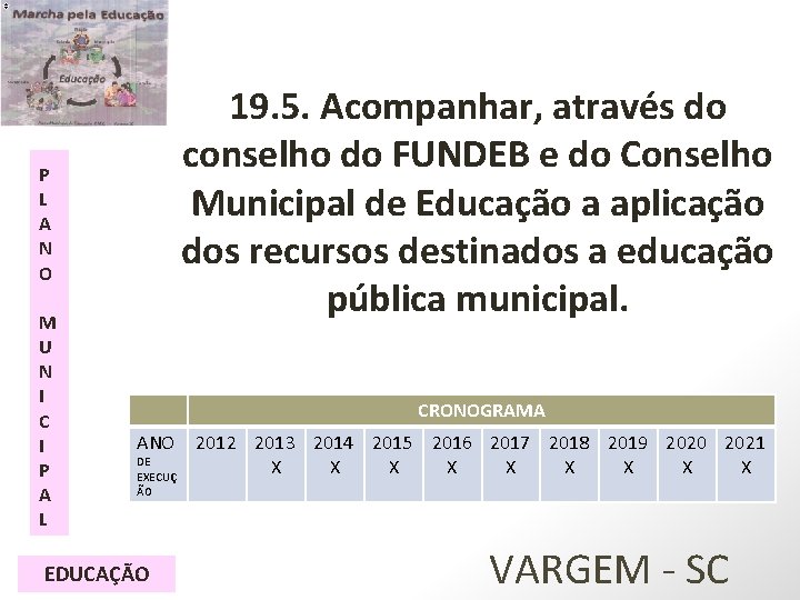 19. 5. Acompanhar, através do conselho do FUNDEB e do Conselho Municipal de Educação