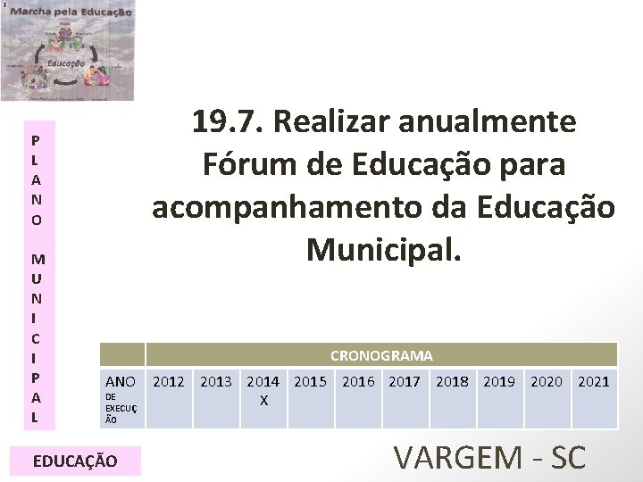 19. 7. Realizar anualmente Fórum de Educação para acompanhamento da Educação Municipal. P L