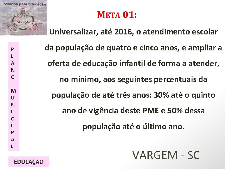 META 01: Universalizar, até 2016, o atendimento escolar P L A N O M
