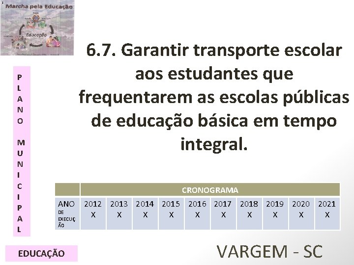 6. 7. Garantir transporte escolar aos estudantes que frequentarem as escolas públicas de educação