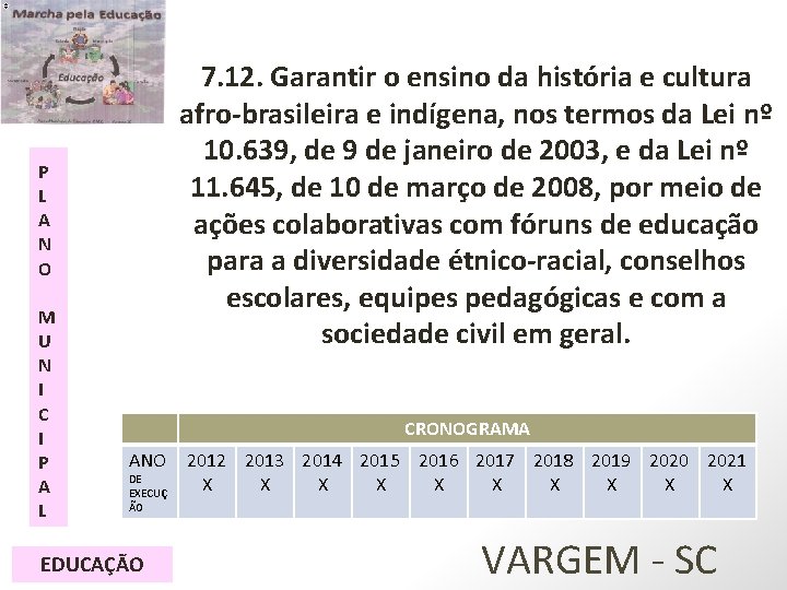 7. 12. Garantir o ensino da história e cultura afro-brasileira e indígena, nos termos