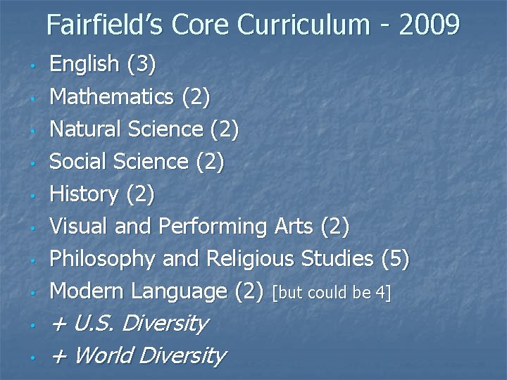 Fairfield’s Core Curriculum - 2009 • • • English (3) Mathematics (2) Natural Science