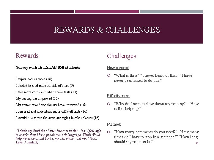 REWARDS & CHALLENGES Rewards Challenges Survey with 16 ESLAB 050 students New concept: I