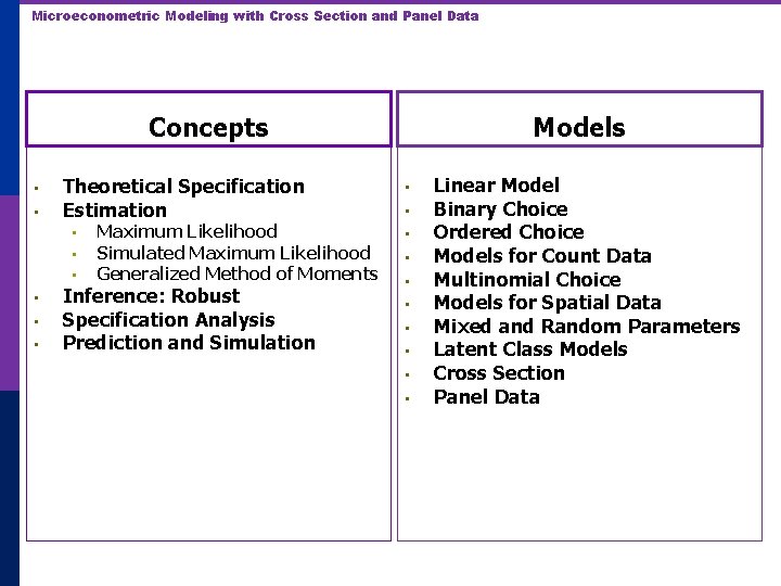 Microeconometric Modeling with Cross Section and Panel Data Concepts • • Theoretical Specification Estimation
