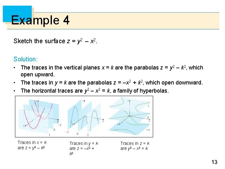 Example 4 Sketch the surface z = y 2 – x 2. Solution: •