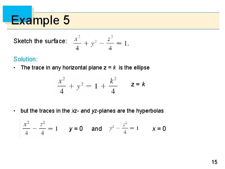 Example 5 Sketch the surface: Solution: • The trace in any horizontal plane z