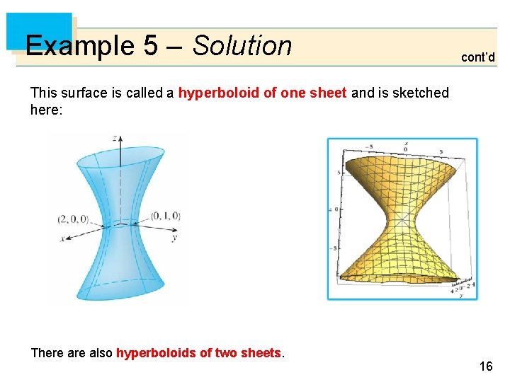 Example 5 – Solution cont’d This surface is called a hyperboloid of one sheet