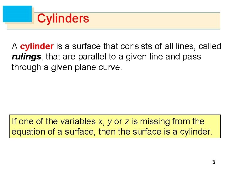 Cylinders A cylinder is a surface that consists of all lines, called rulings, that