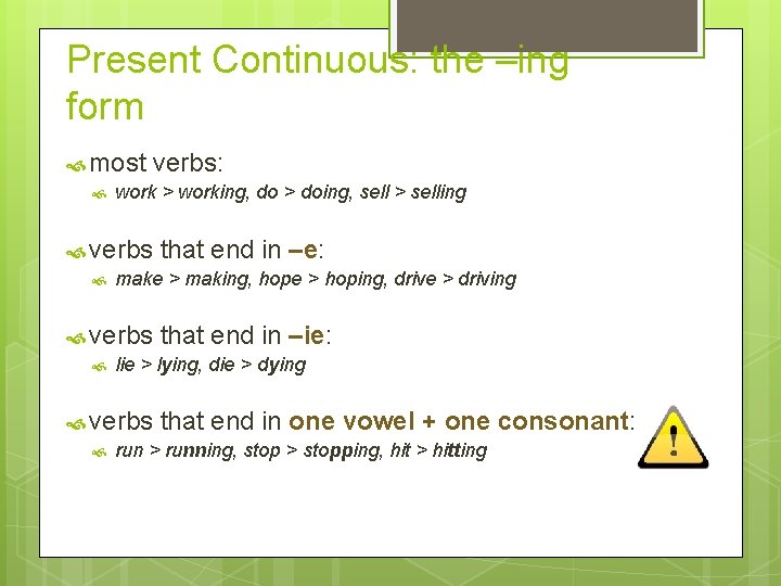 Present Continuous: the –ing form most verbs: work > working, do > doing, sell