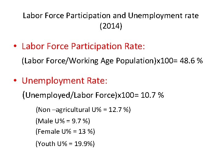 Labor Force Participation and Unemployment rate (2014) • Labor Force Participation Rate: (Labor Force/Working