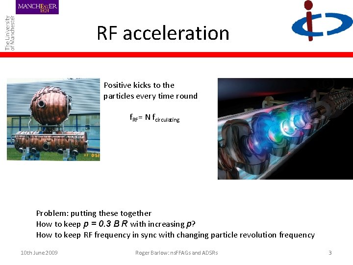 RF acceleration Positive kicks to the particles every time round f. RF= N fcirculating