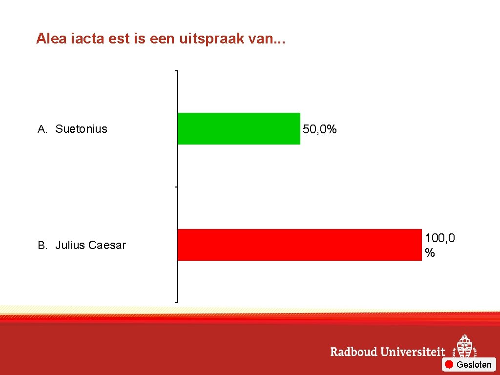 Alea iacta est is een uitspraak van. . . A. Suetonius B. Julius Caesar