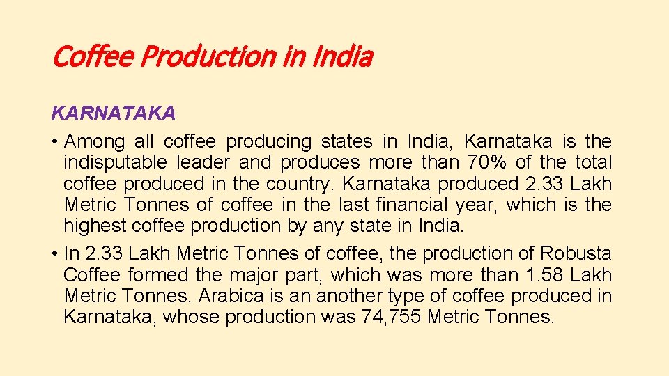 Coffee Production in India KARNATAKA • Among all coffee producing states in India, Karnataka