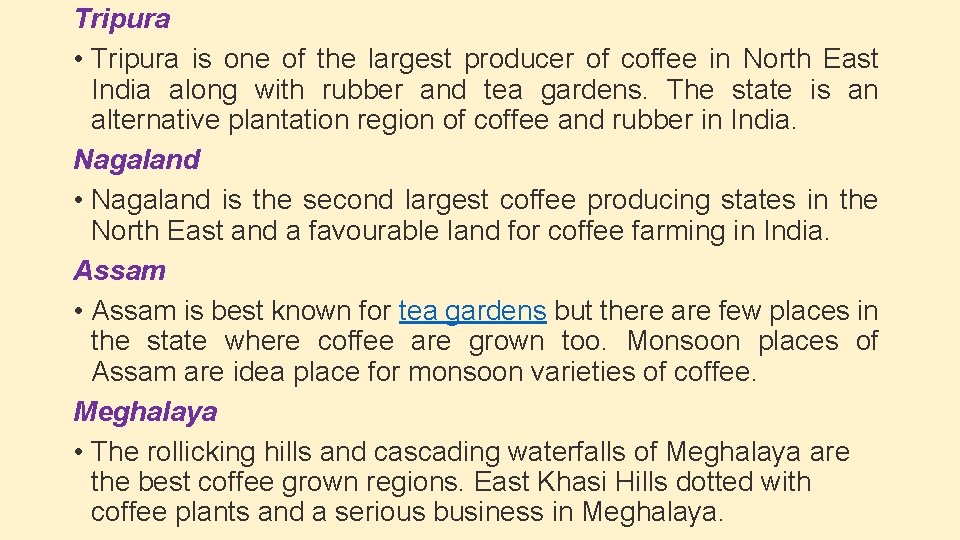 Tripura • Tripura is one of the largest producer of coffee in North East