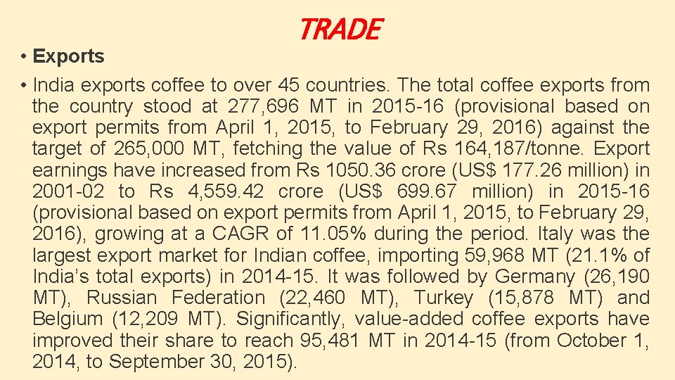 TRADE • Exports • India exports coffee to over 45 countries. The total coffee