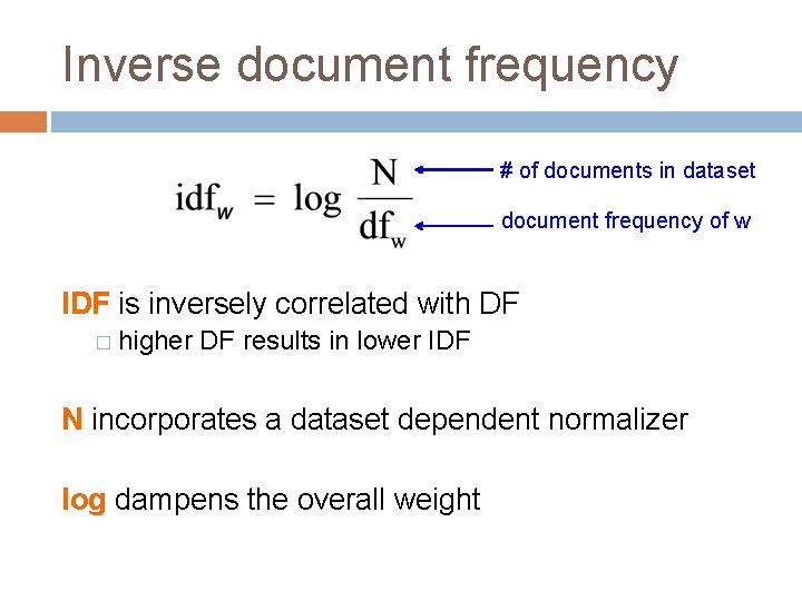 Inverse document frequency # of documents in dataset document frequency of w IDF is