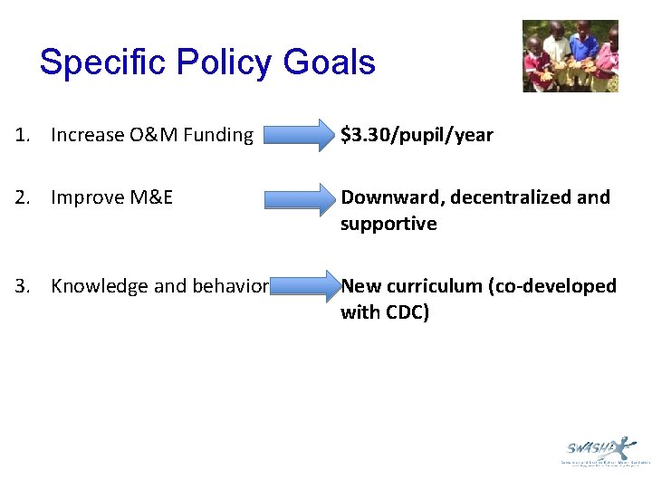 Specific Policy Goals 1. Increase O&M Funding $3. 30/pupil/year 2. Improve M&E Downward, decentralized