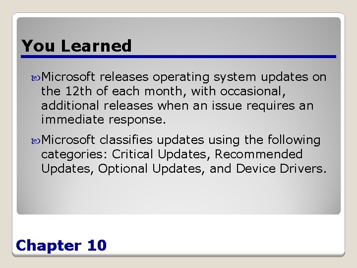 You Learned Microsoft releases operating system updates on the 12 th of each month,