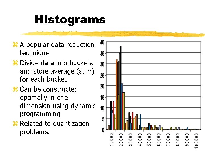 Histograms z A popular data reduction technique z Divide data into buckets and store