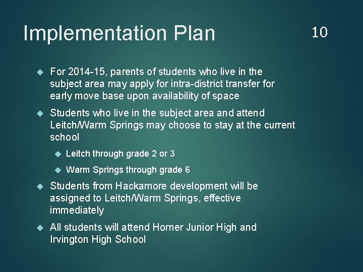 Implementation Plan For 2014 -15, parents of students who live in the subject area