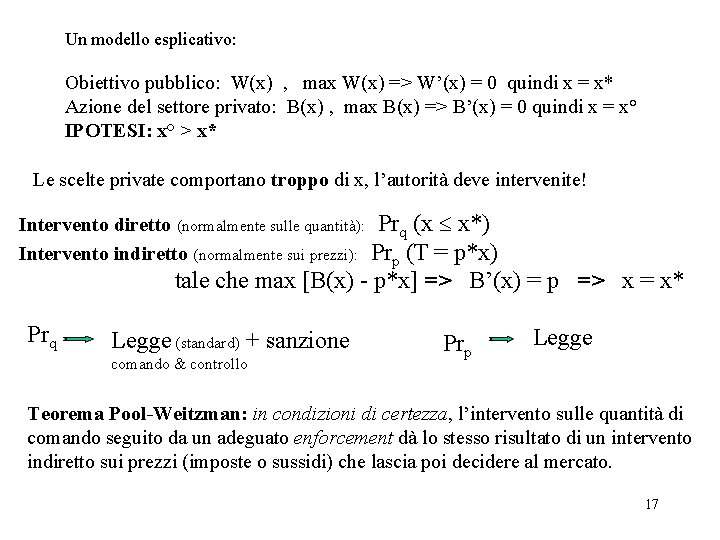 Un modello esplicativo: Obiettivo pubblico: W(x) , max W(x) => W’(x) = 0 quindi