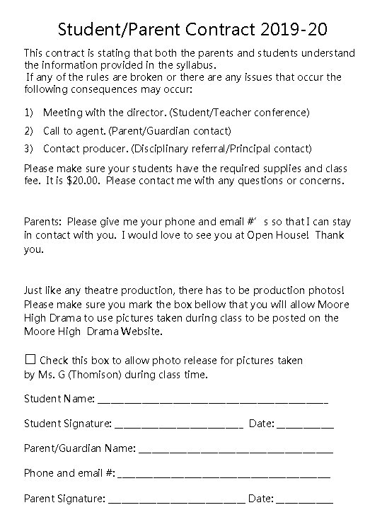 Student/Parent Contract 2019 -20 This contract is stating that both the parents and students