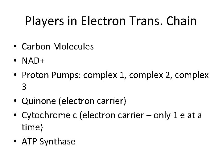 Players in Electron Trans. Chain • Carbon Molecules • NAD+ • Proton Pumps: complex
