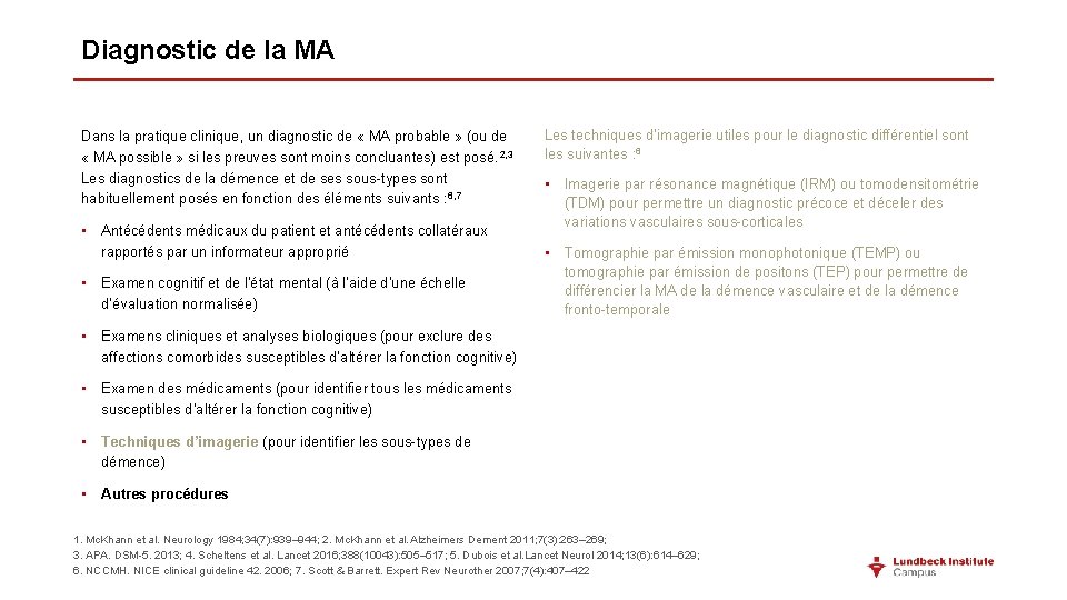 Diagnostic de la MA Dans la pratique clinique, un diagnostic de « MA probable