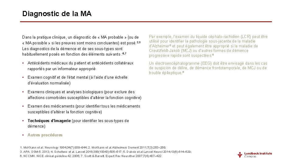 Diagnostic de la MA Dans la pratique clinique, un diagnostic de « MA probable