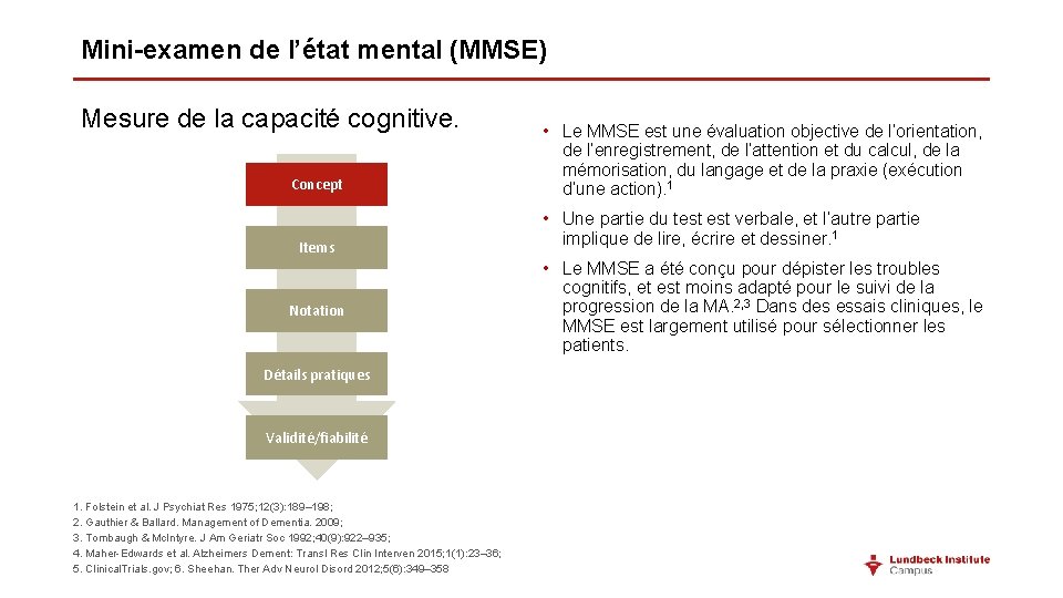 Mini-examen de l’état mental (MMSE) Mesure de la capacité cognitive. Concept Items Notation Détails