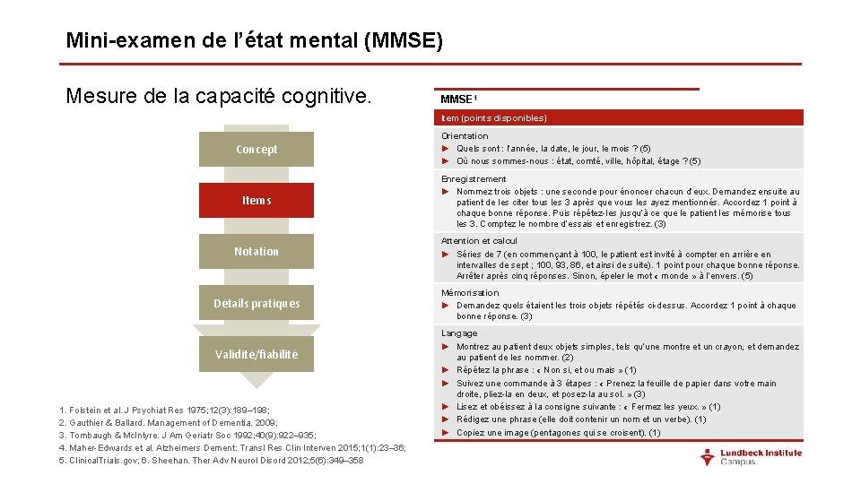 Mini-examen de l’état mental (MMSE) Mesure de la capacité cognitive. MMSE 1 Item (points