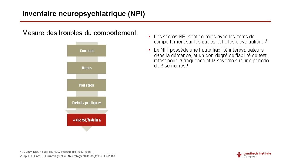 Inventaire neuropsychiatrique (NPI) Mesure des troubles du comportement. Concept Items Notation Détails pratiques Validité/fiabilité