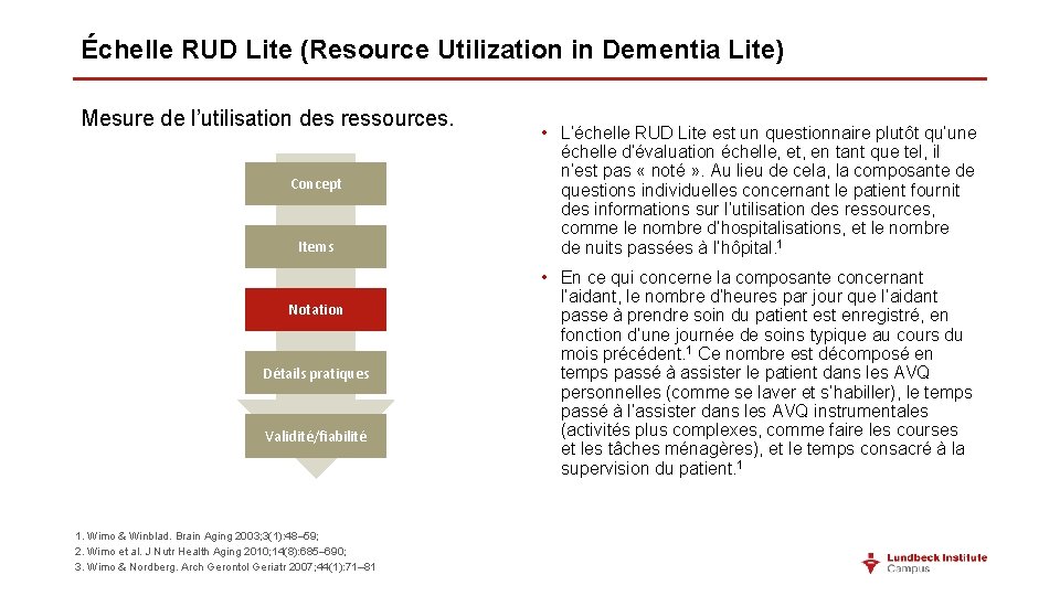 Échelle RUD Lite (Resource Utilization in Dementia Lite) Mesure de l’utilisation des ressources. Concept