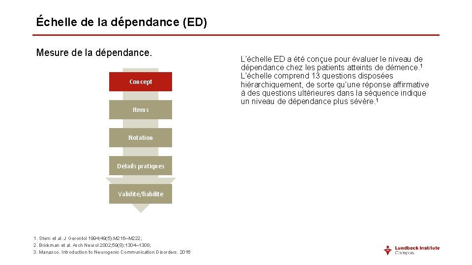 Échelle de la dépendance (ED) Mesure de la dépendance. Concept Items Notation Détails pratiques