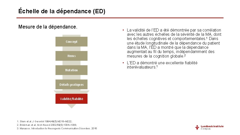 Échelle de la dépendance (ED) Mesure de la dépendance. Concept Items Notation Détails pratiques