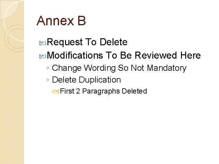 Annex B Request To Delete Modifications To Be Reviewed Here ◦ Change Wording So