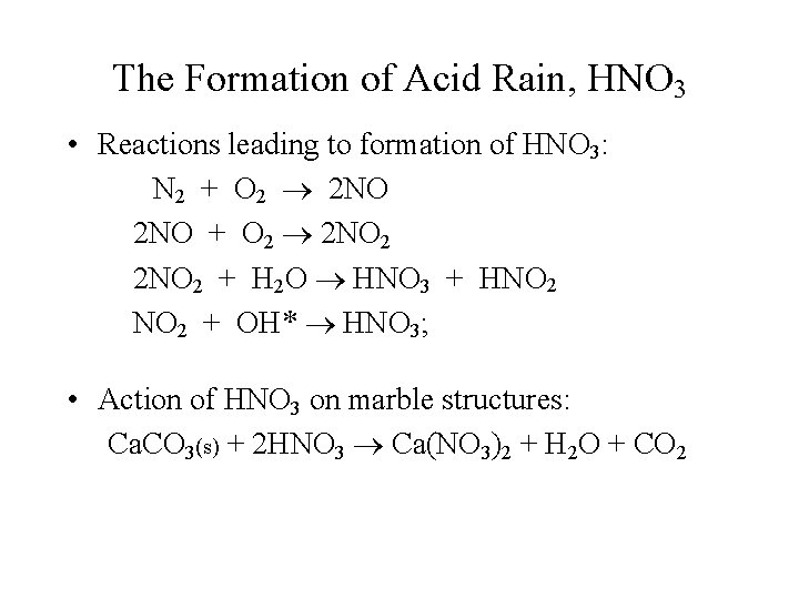 The Formation of Acid Rain, HNO 3 • Reactions leading to formation of HNO