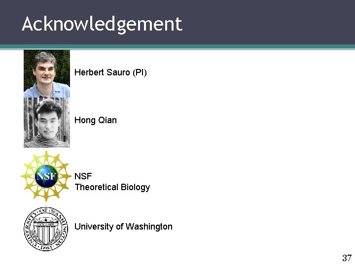Acknowledgement Herbert Sauro (PI) Hong Qian NSF Theoretical Biology University of Washington 37 