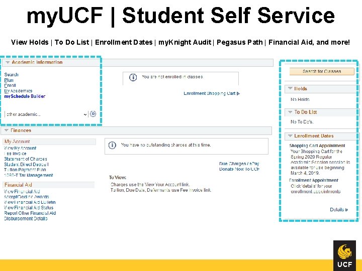 my. UCF | Student Self Service View Holds | To Do List | Enrollment