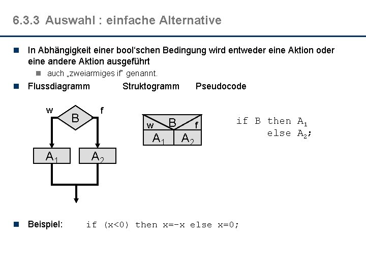 6. 3. 3 Auswahl : einfache Alternative n In Abhängigkeit einer bool‘schen Bedingung wird