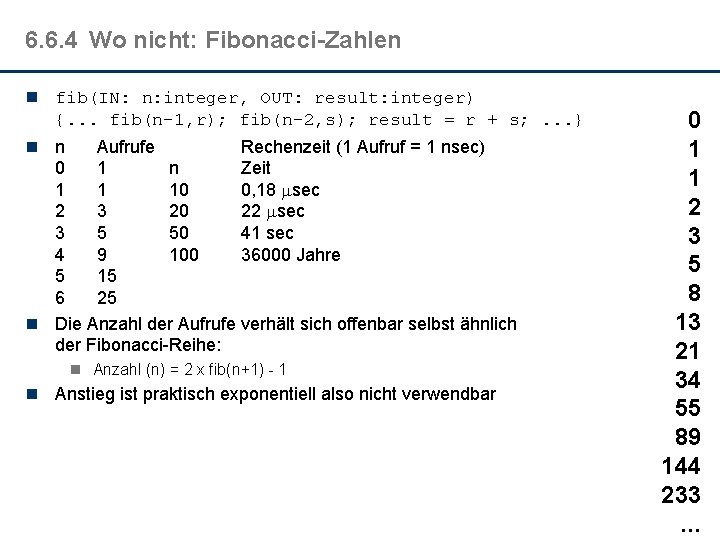 6. 6. 4 Wo nicht: Fibonacci-Zahlen n fib(IN: n: integer, OUT: result: integer) {.